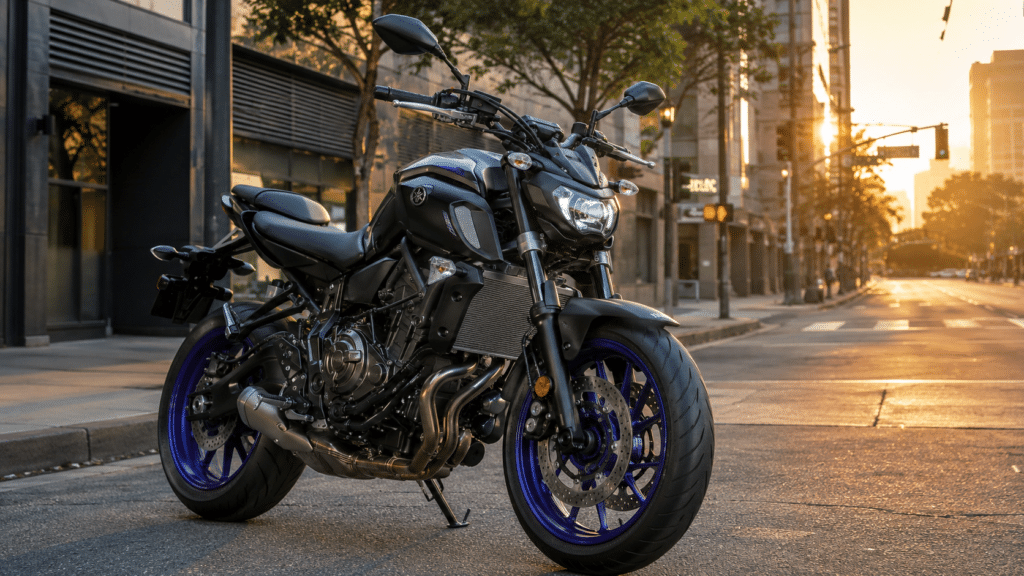 photorealistic, Yamaha MT-07 naked roadster on an urban street at golden hour, modern design, sense of accessible daily performance, dynamic three-quarter front shot, no rider visible, no watermark