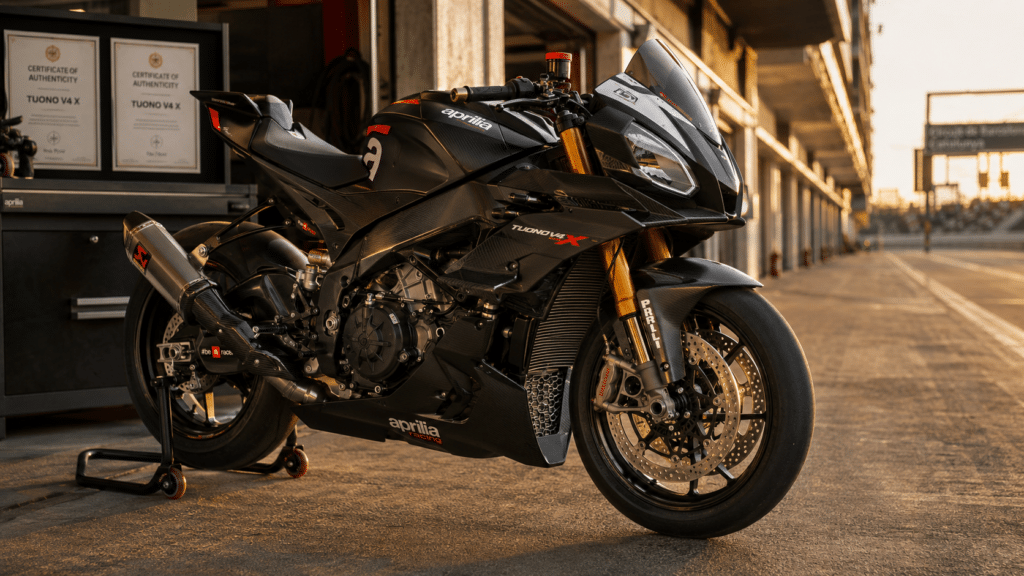 photorealistic, Aprilia Tuono V4 X at a European racing circuit in the pit lane, certificates of authenticity and numbered plaque visible in the background suggesting limited edition collectible, sense of exclusivity and track heritage, no rider visible, golden hour light, no watermark