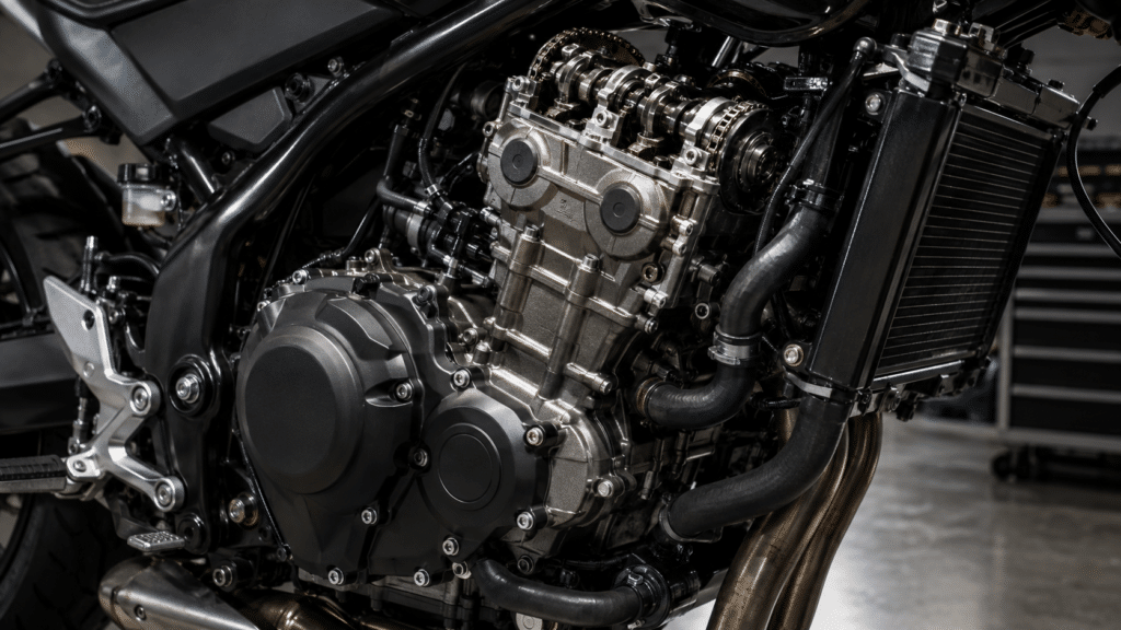 photorealistic close-up of a modern parallel twin motorcycle engine 450cc class showing DOHC valve train and liquid cooling system, clean technical detail photography, dramatic workshop lighting, sense of modern compact engineering, no brand logos visible, no watermark