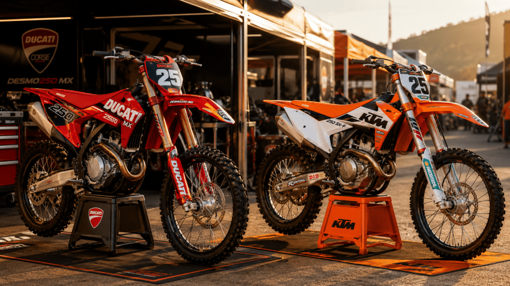 photorealistic, Ducati Desmo250 MX and KTM 250 SX-F side by side in a motocross pit area, comparison shot emphasizing different design philosophies - Italian premium versus Austrian racing expertise, professional paddock atmosphere, no riders, dramatic late afternoon light, no watermark