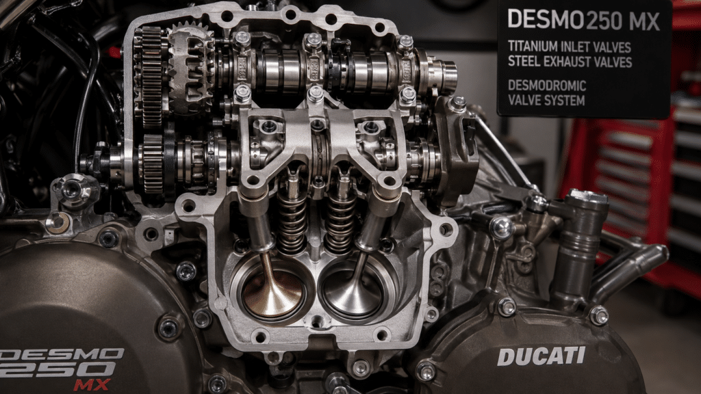 photorealistic close-up of Ducati Desmo250 MX engine showing the Desmodromic valve system internals, dramatic workshop lighting emphasizing the precision engineering, titanium inlet valves and steel exhaust valves visible, sense of MotoGP-derived technology in a motocross application, no watermark