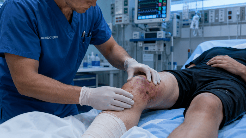 @Créer une image photorealistic, emergency room trauma scene with orthopedic surgeon examining a motorcycle accident patient's knee injury, clinical blue-white lighting, sense of expertise and focused medical attention, no patient face visible, documentary medical photography style, no watermark