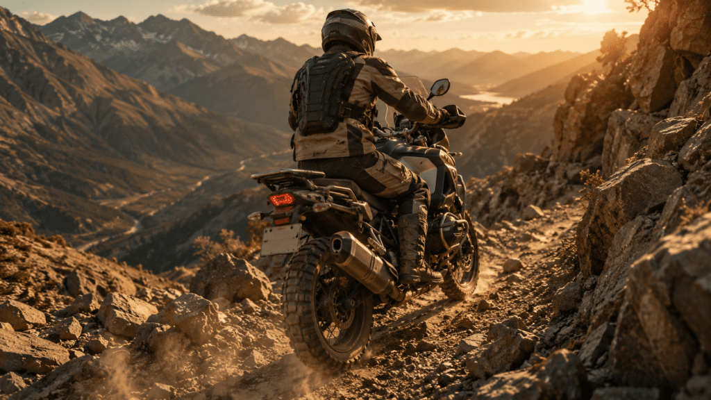 @Créer une image photorealistic, adventure motorcyclist wearing full protective gear on a rocky mountain trail - visible back protector, full-face helmet, gloves and ankle boots, actively riding through technical terrain, sense of informed protection choices, warm dramatic mountain light, no face visible, no watermark
