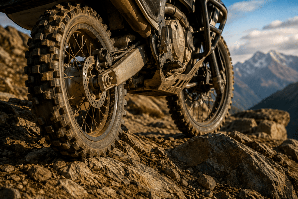 @Créer une image photorealistic close-up of trail motorcycle tires gripping rocky mountain terrain with proper suspension compression visible, sense of mechanical confidence and controlled traction, dramatic side lighting on the wheel and tire contact patch, no rider, no watermark