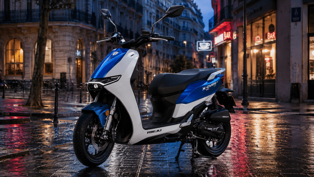 Rieju X-Over 125 parked in a modern European city street at dusk, blue and white color scheme