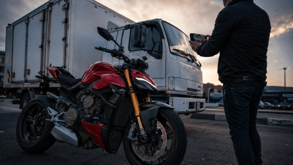 Ducati Streetfighter V4 parked in front of a delivery truck