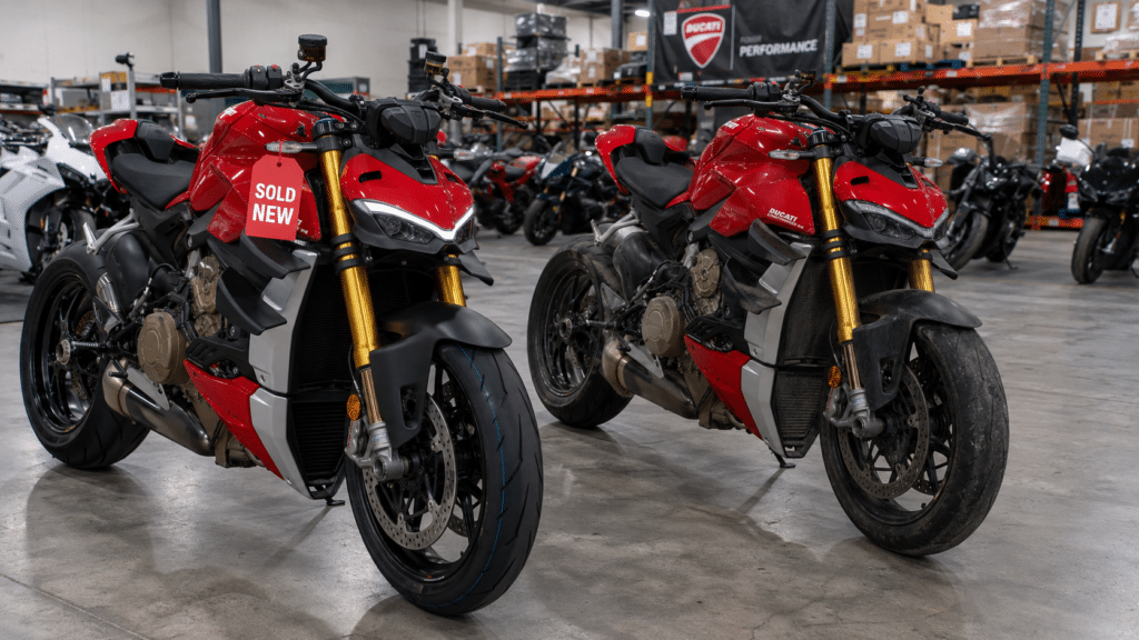 side-by-side comparison of two identical red Ducati Streetfighter V4 motorcycles