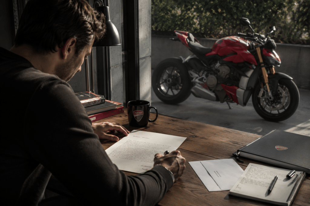person writing a formal letter at a desk, Ducati motorcycle visible through window in background