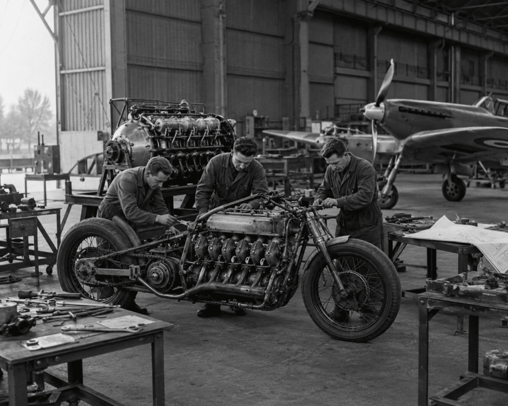 Photo historique réaliste dans un atelier aéronautique français en 1939, ingénieurs