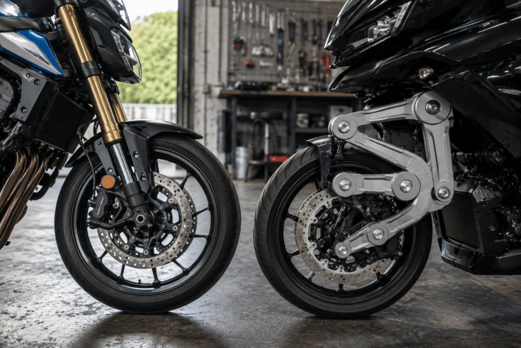 Photo réaliste de deux motos modernes côte à côte dans un atelier moto professionne