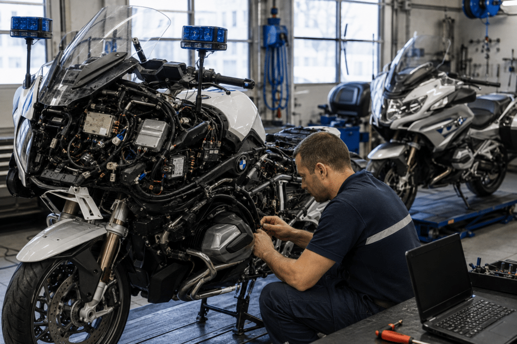 Photo réaliste d’une BMW R1250 RT-P dans un atelier technique des forces de l’ordre