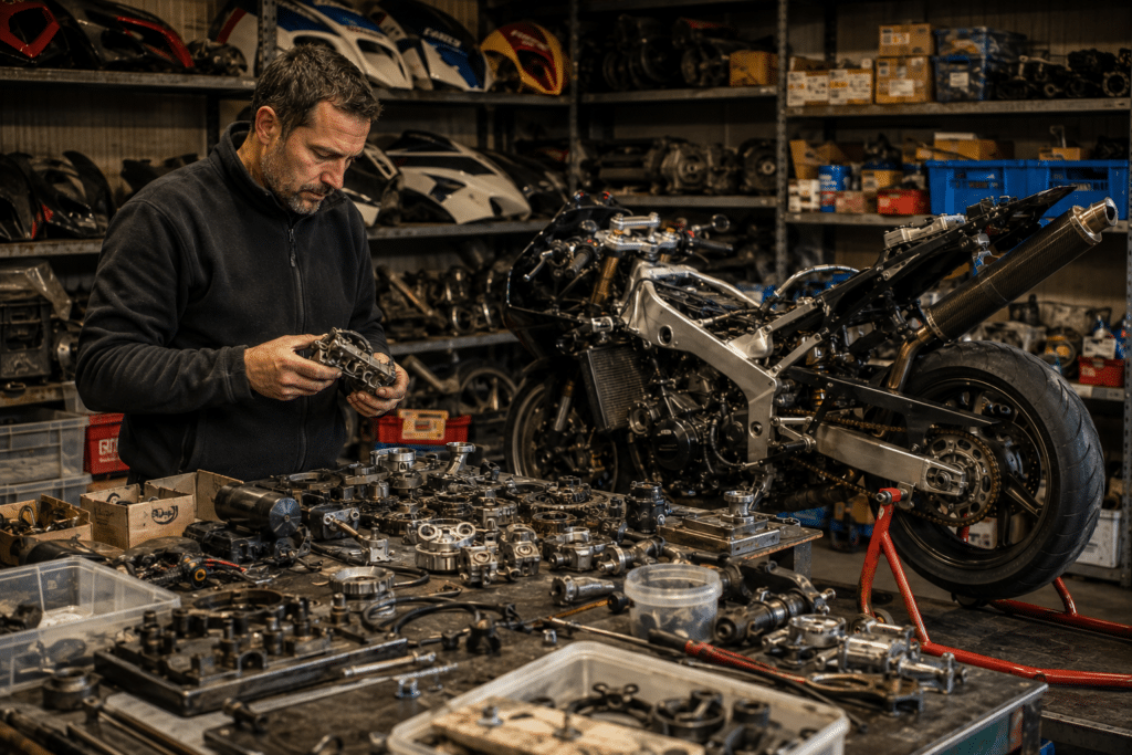 atelier de restauration moto montrant une Yamaha YZF-R1 de première génération