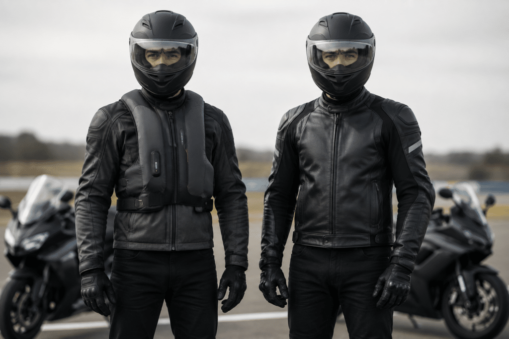 deux motards côte à côte près de leurs motos sur une aire de départ,