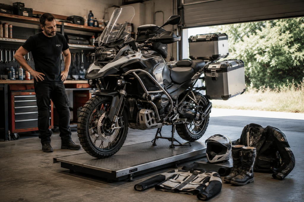 moto trail moderne sur une balance dans un garage, entièrement préparée pour un voyage avec réservoir plein