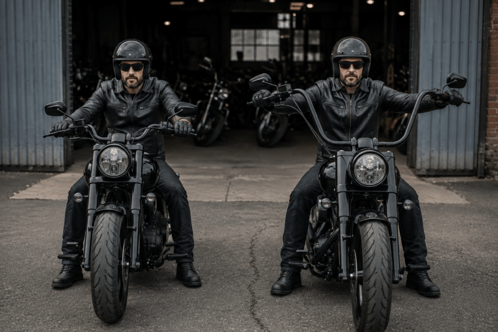 réaliste comparative de deux grosses motos cruiser identiques stationnées côte à côte devant un atelier custom