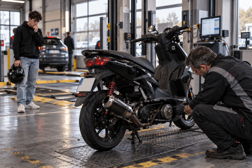 Peugeot Speedfight 50 cc sportif dans un centre de contrôle technique