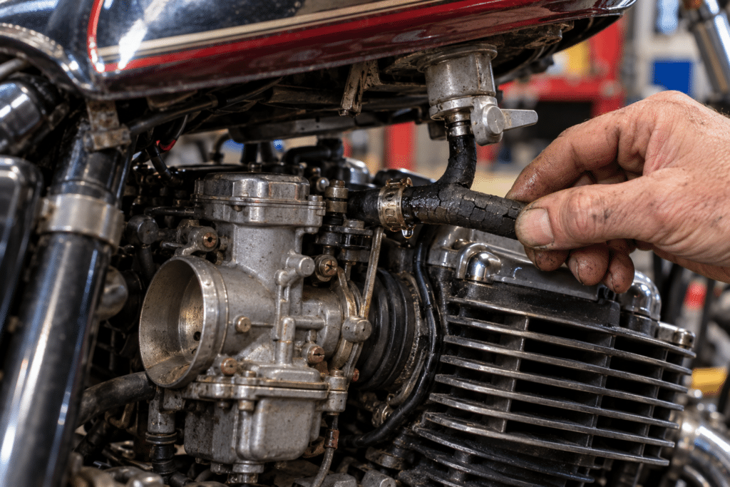 Photo macro ultra-réaliste du moteur et du carburateur d'une moto japonaise