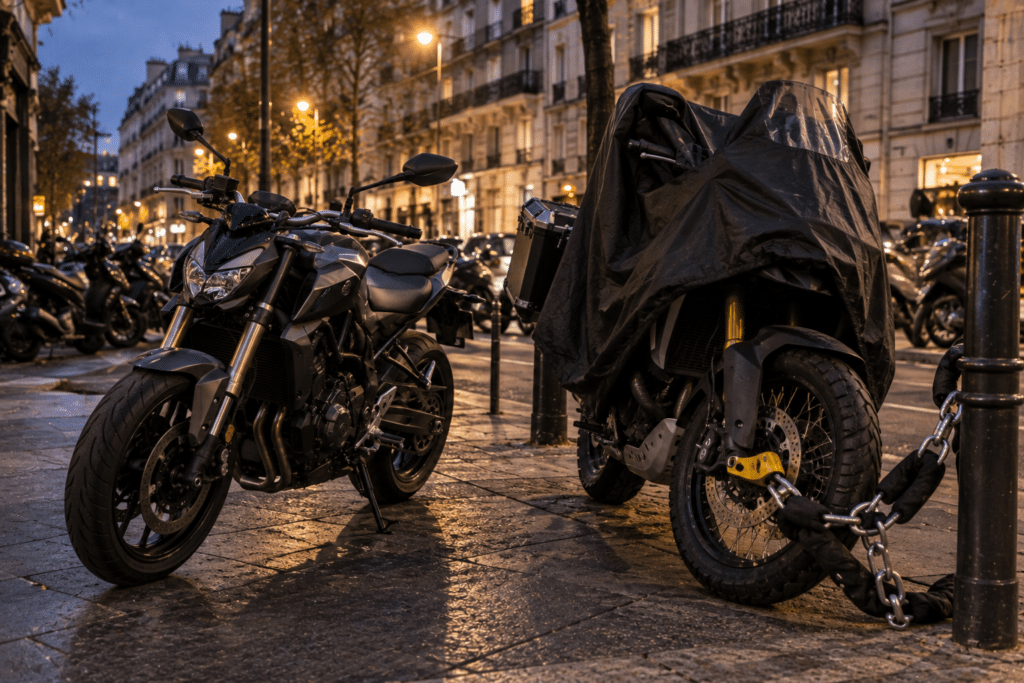 Photo ultra-réaliste de deux motos stationnées côte à côte dans une rue parisienne en soirée