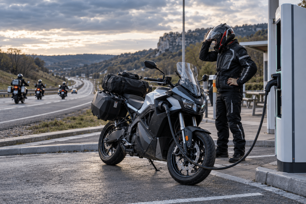 Photo ultra-réaliste d'un motard voyageant sur une moto électrique moderne immobilisée