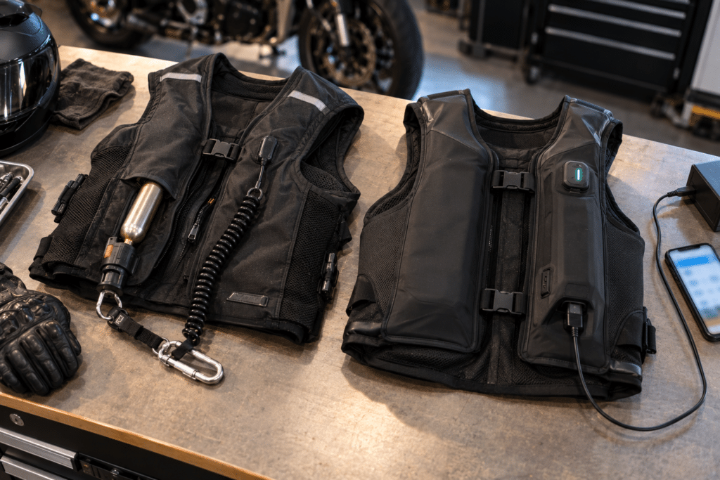 deux gilets airbags moto posés côte à côte
