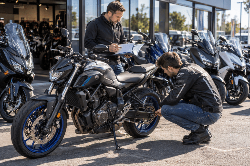 jeune motard inspectant attentivement une Yamaha MT-07 d'occasion récente devant