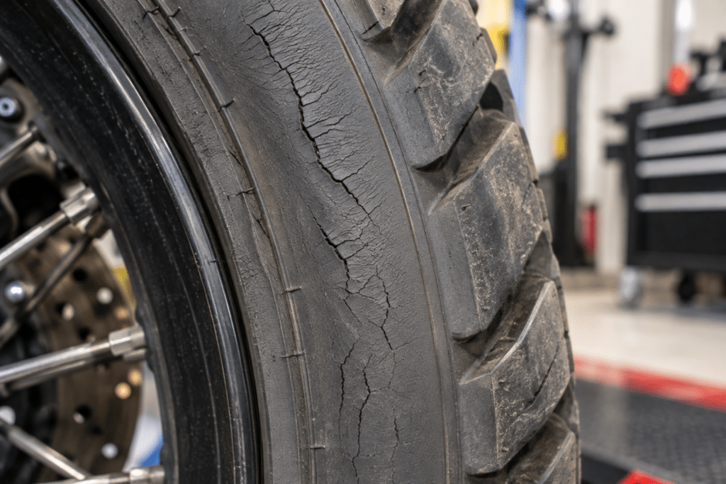 ose-up of a motorcycle tire sidewall with ozone cracking and fine surface fissures visible under bright works