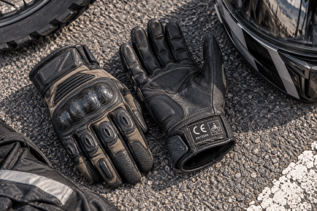photorealistic flat lay of CE certified motorcycle gloves on asphalt next to a motorcycle