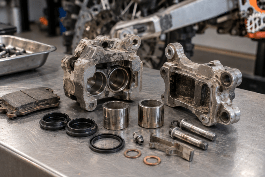 photorealistic rear brake caliper of an enduro motorcycle disassembled on a workshop