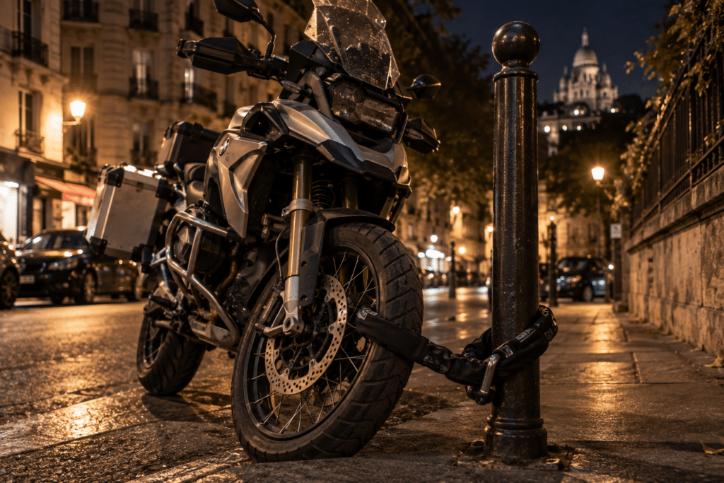 photorealistic scene of a motorcycle chained to a metal post on a urban French street